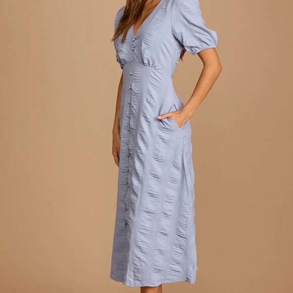 NWT Wonderful Whims Dusty Blue Puff Sleeve Button Front Midi Dress (sz SM) - Picture 2 of 12